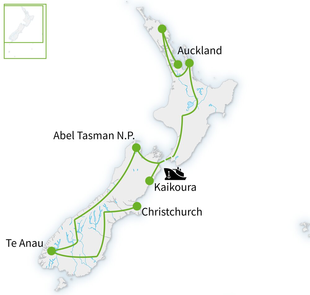 Routekaart van Verrassend & voordelig Nieuw-Zeeland